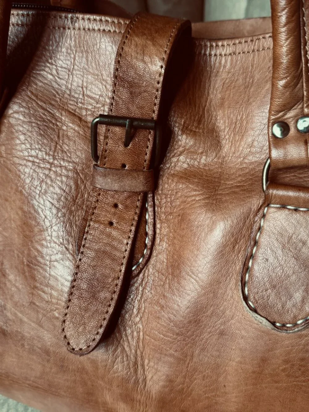Handcrafted Moroccan Leather Duffel Bag w Strap 24x15x11 Large Carry Cognac
